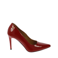 Krwisto czerwone skórzane szpilki z oblekanym obcasem